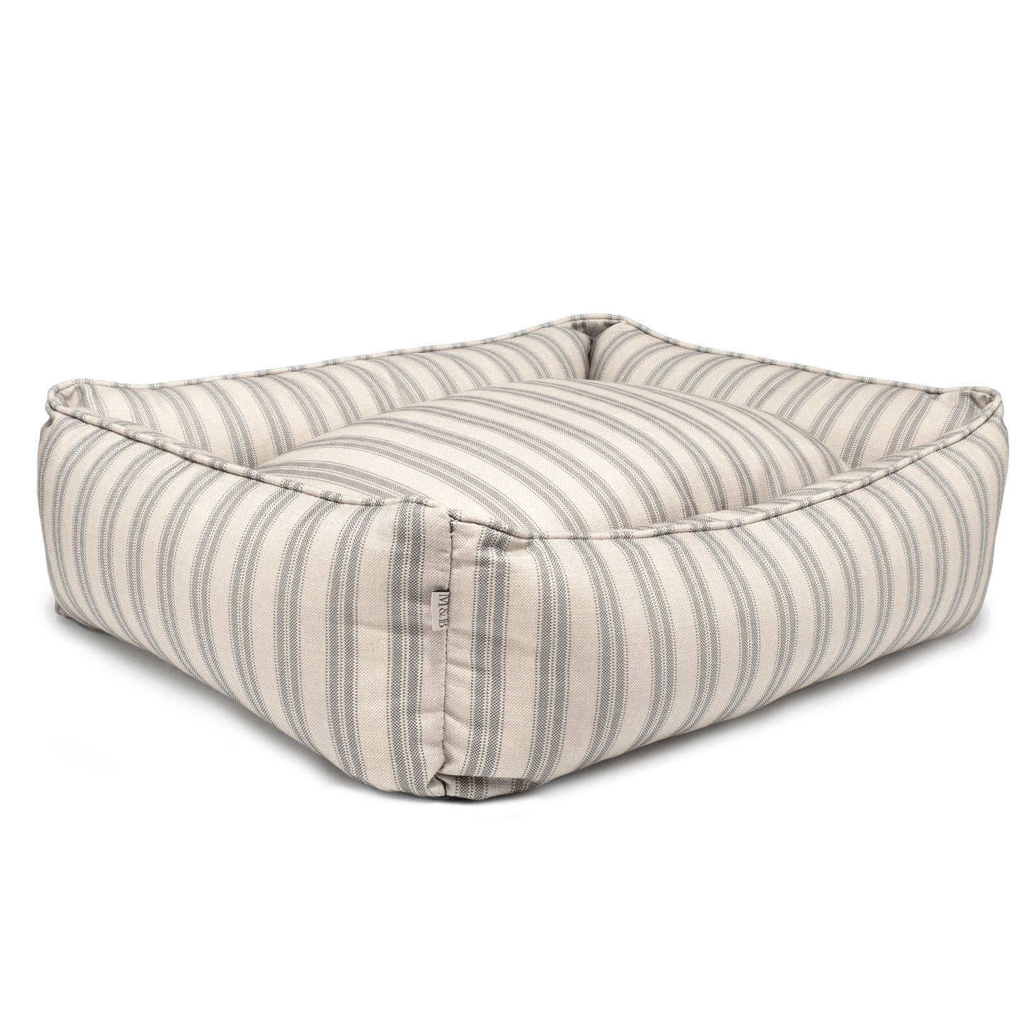 Grey Ticking Stripe Dog Bed Side on