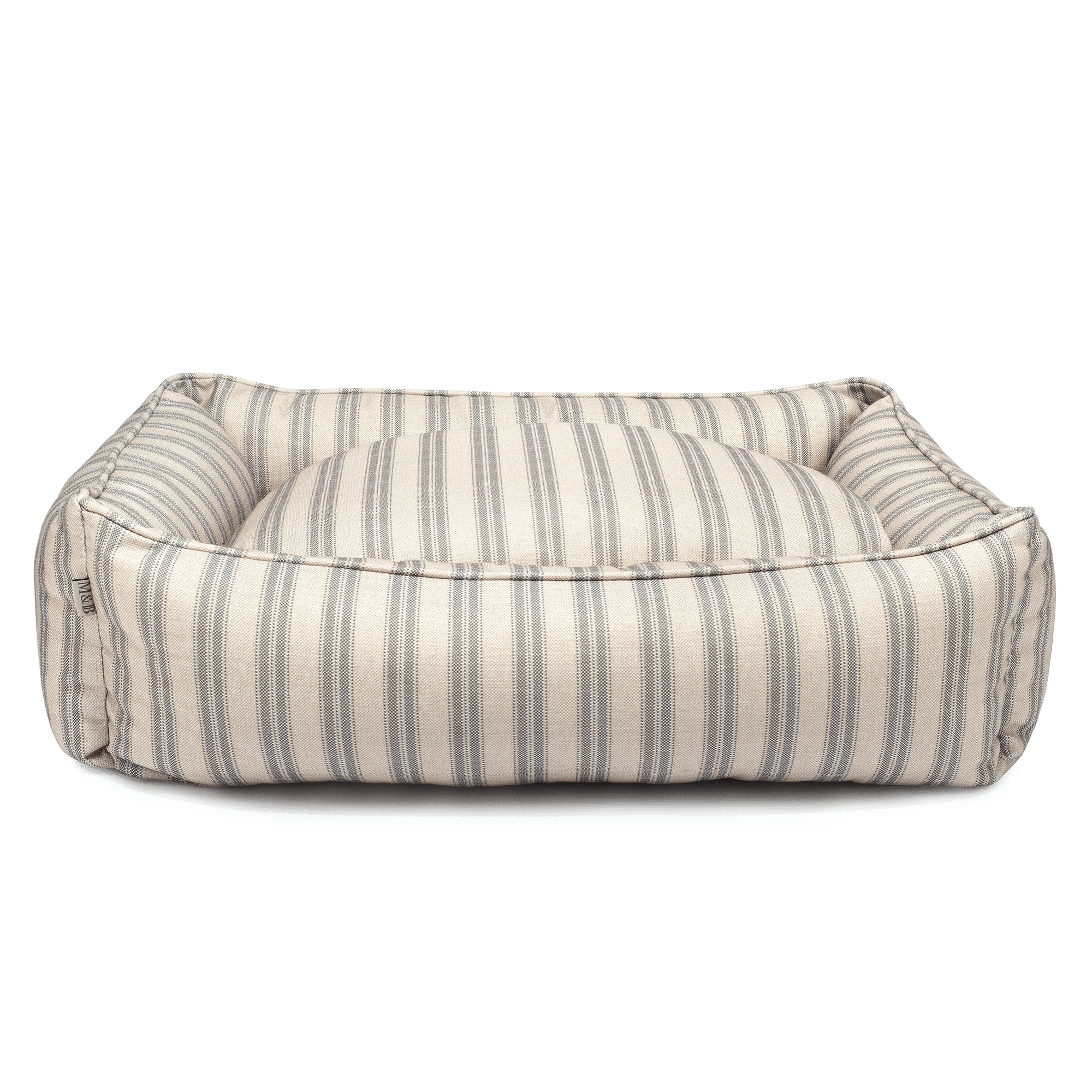 Grey Ticking Stripe Dog Bed Front On